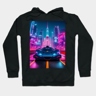 Dark Neon Sports Car in Asian Neon City Hoodie